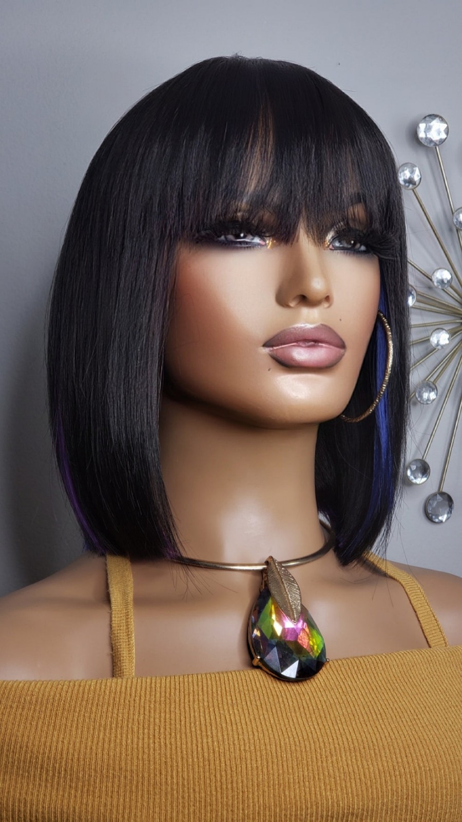 New Short Human Hair Blend Straight Bob Wrap Full Cap Wig Black Blue Purple Wig