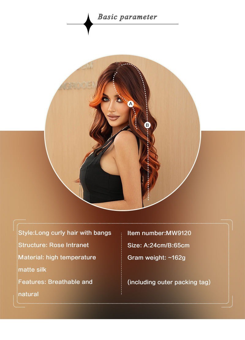 Full head wig with side-swept bangs colorful flame orange highlights and long