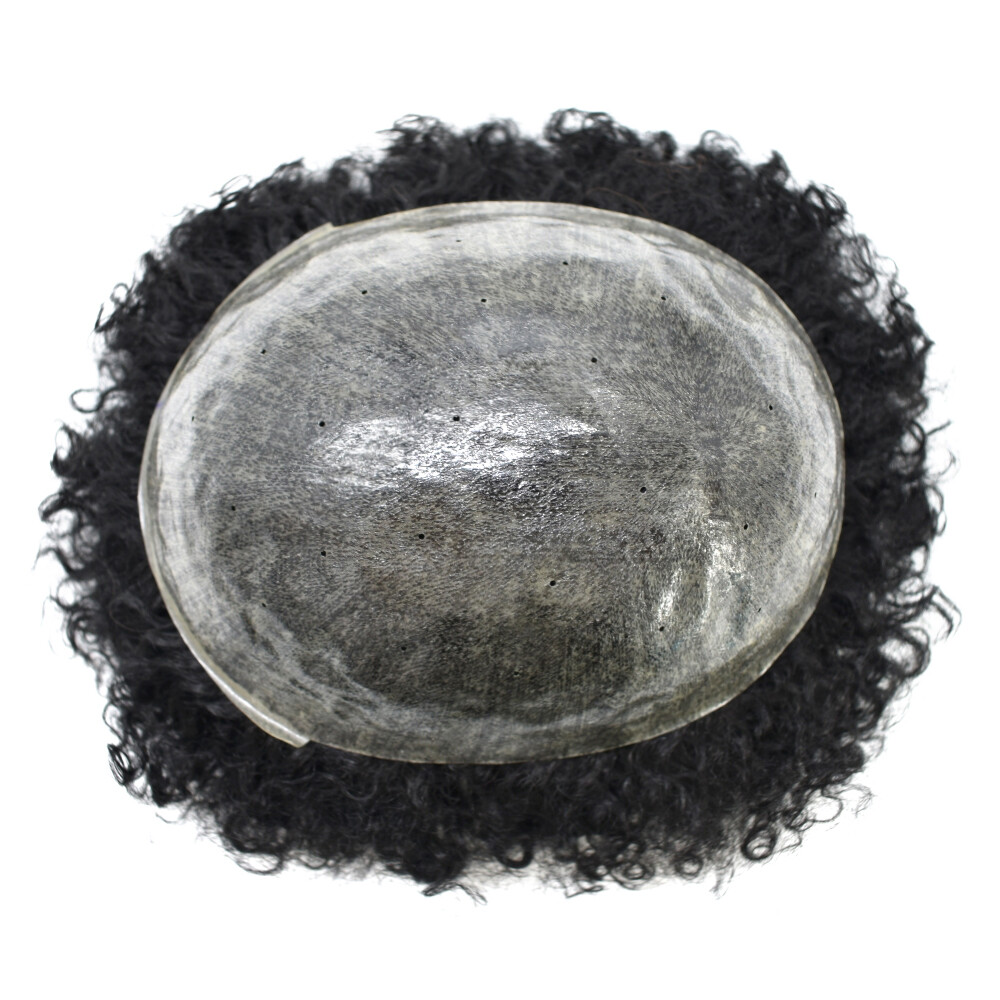 Afro Curl Mens Toupee Poly Skin Hair System Replacement for Men Breathable Holes
