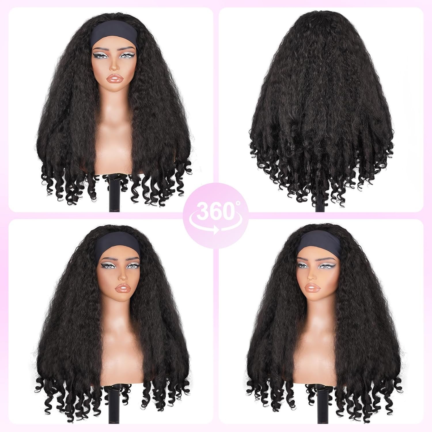 24in Afro Curly Glueless Headband Soft Synthetic Wig with Bouncy End Curls #1B