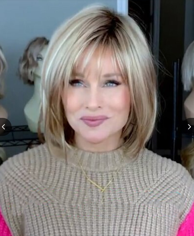 Short Bob Blonde Wigs Ash Blonde Wigs with Bangs Brown Roots for Women Daily