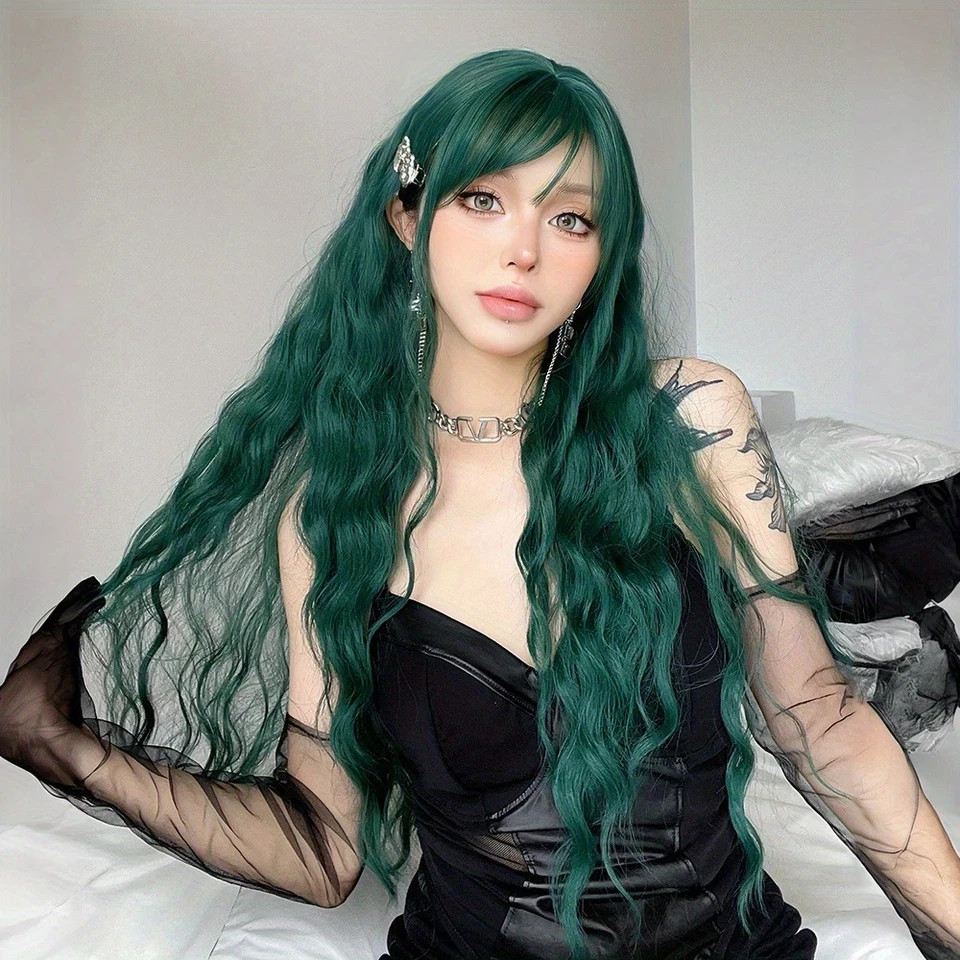 Emerald Green Long Wavy Wig w/Bangs Gothic Punk Cosplay Daily Fashion Statement