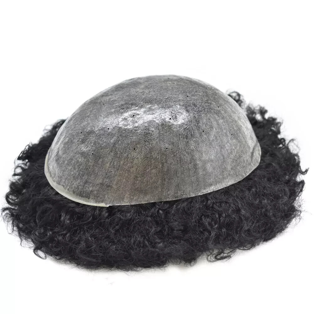 Afro Curl Mens Toupee Poly Skin Pu African American Hair System Breathable Holes