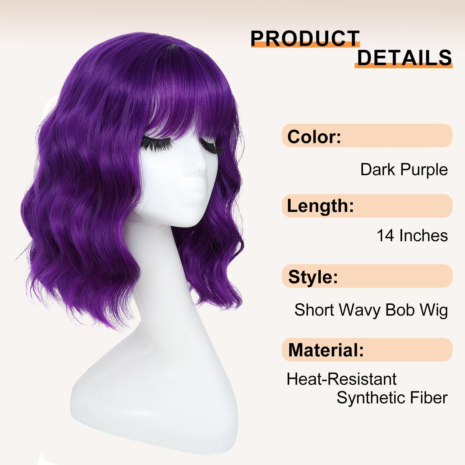 Amarlis Short Bob Wig Dark Purple Synthetic Wavy Wigs Bangs For Women – Cosplay