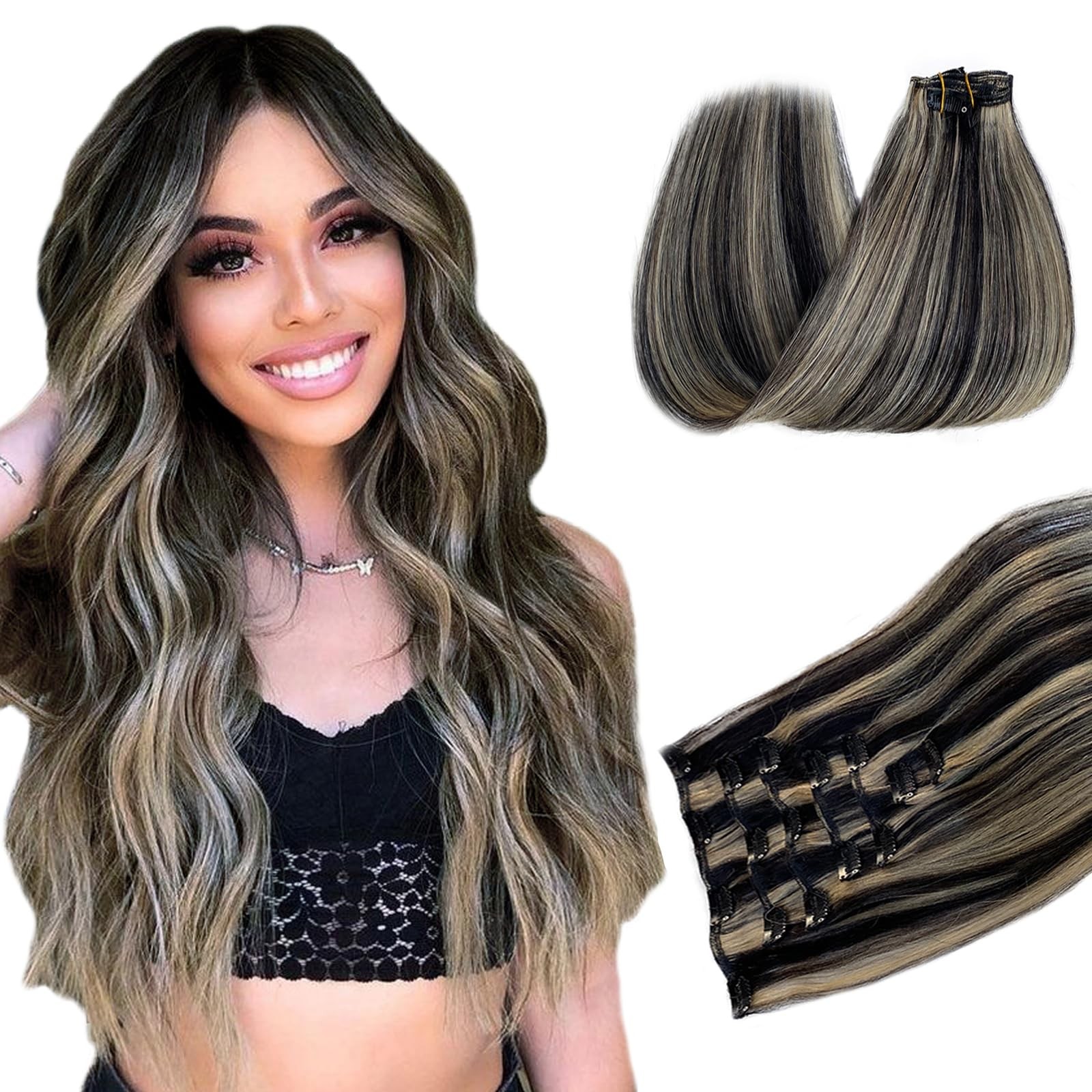 Belaved Hair Extensions Clip In Human Hair Black Mix Blonde 18 Inch 70G 7Pcs