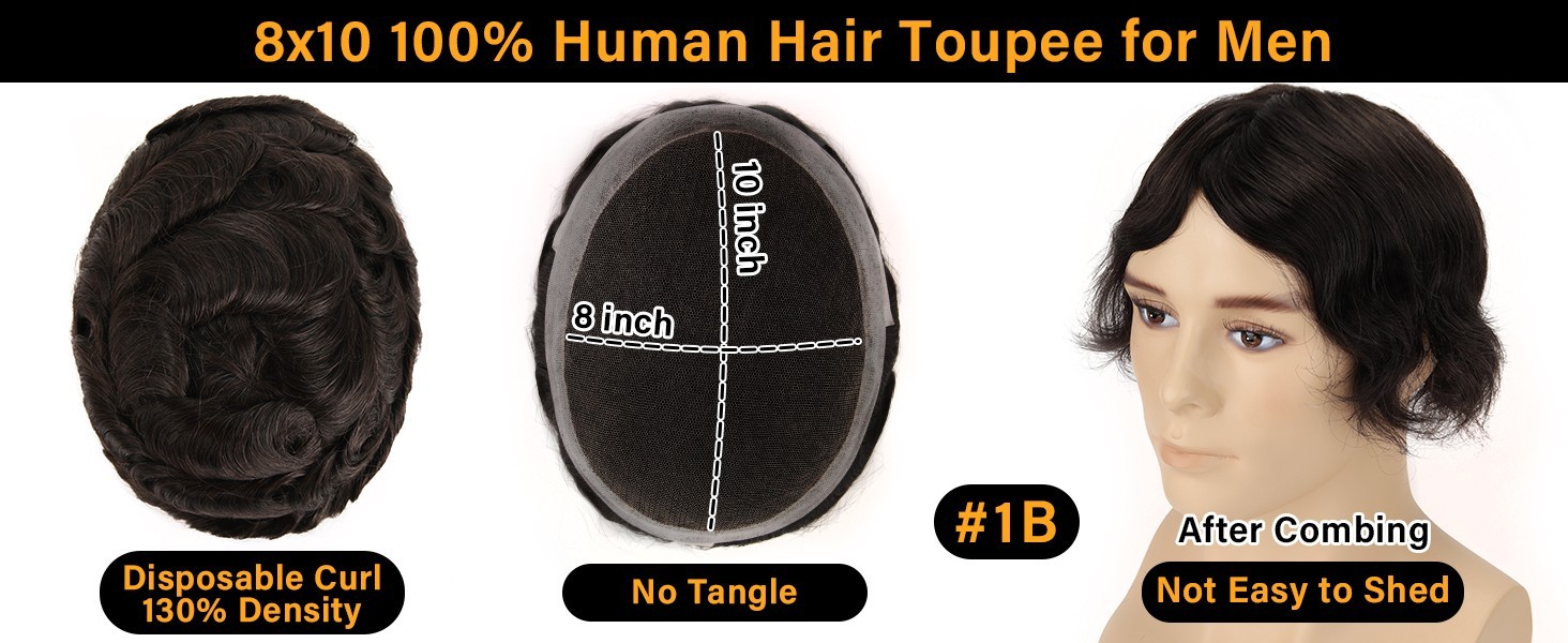 BEEOS Mens Hair Toupee French Lace with Thin Skin 8x10in 130% #1B Natural Black