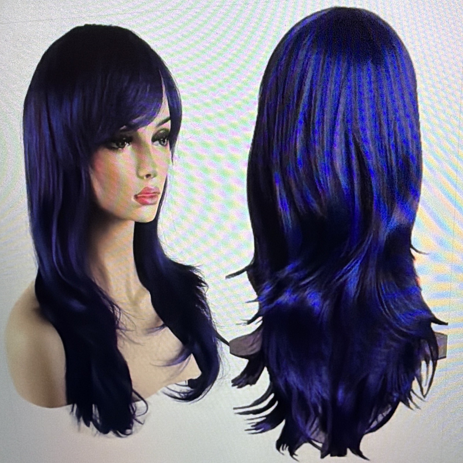 Women’s Blue & Black Long Layered Synthetic Wig, Colored Style