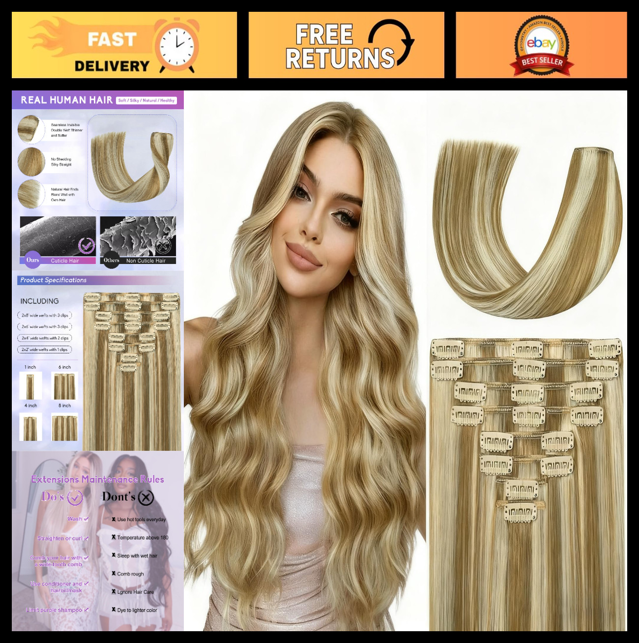 24″ Clip-In Hair Extensions, 120g Real Remy Human Hair, Light Blonde Highlights,