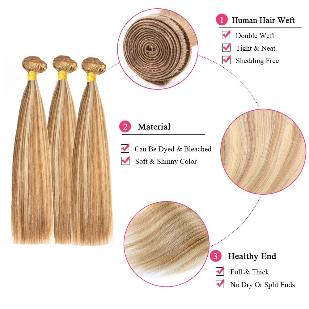 Honey Blonde Bundles Human Hair Straight Bundles 12 14 16 Inch P27/613 Highli…