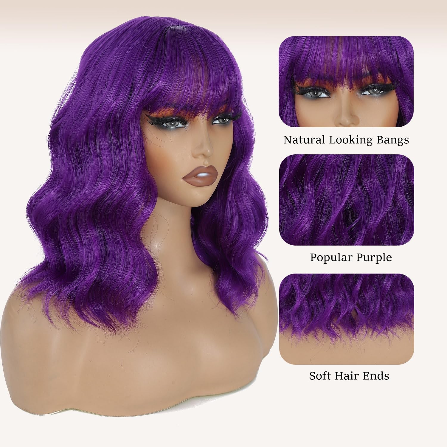 Amarlis Short Bob Wig Dark Purple Synthetic Wavy Wigs Bangs For Women – Cosplay