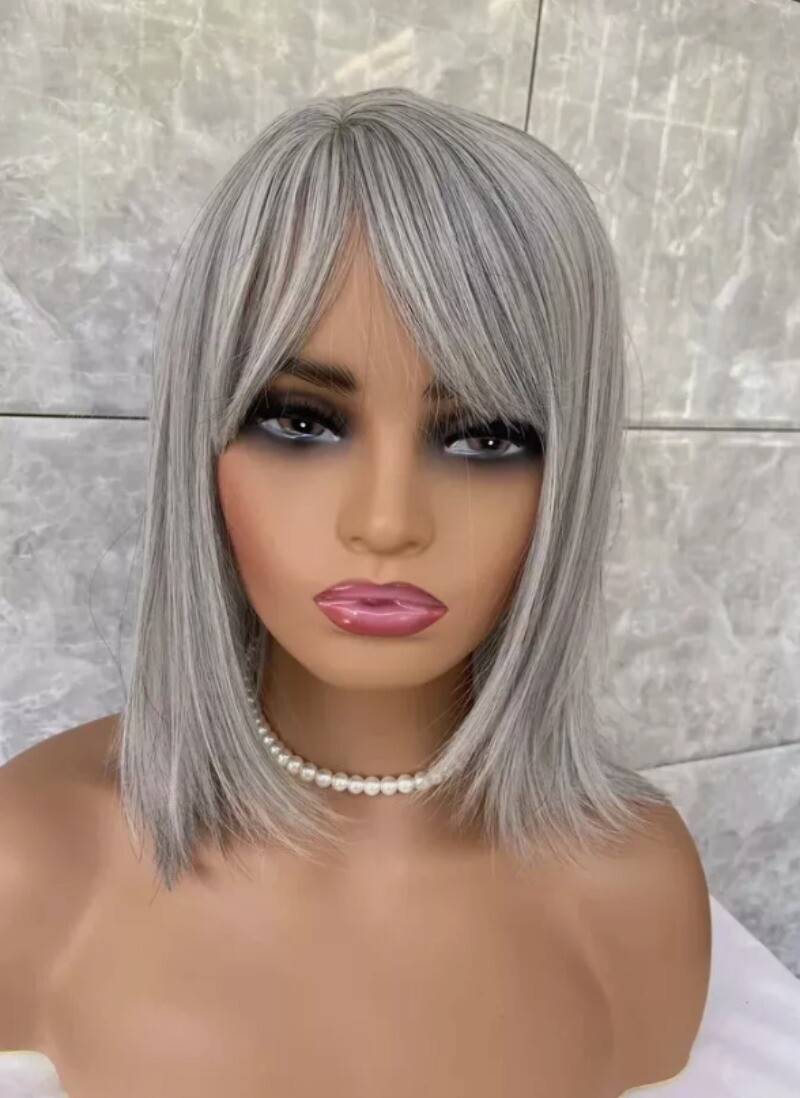 New Salt and Pepper Short Bob Style Women’s Synthetic Hair Grandma Capless Wigs