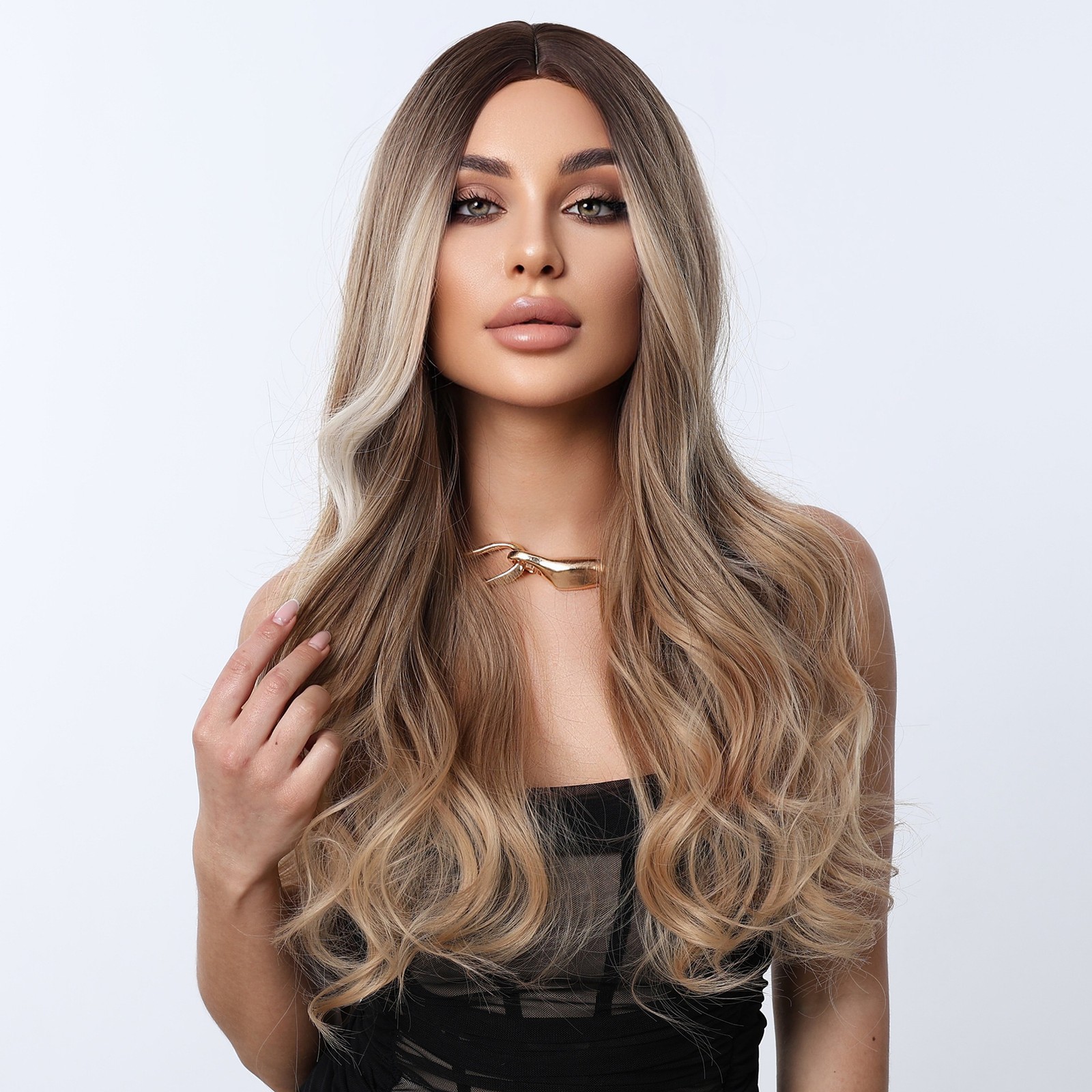 24in Brown to Gold Ombre Wavy Wig Heat Resistant Synthetic Cosplay Party Wedding