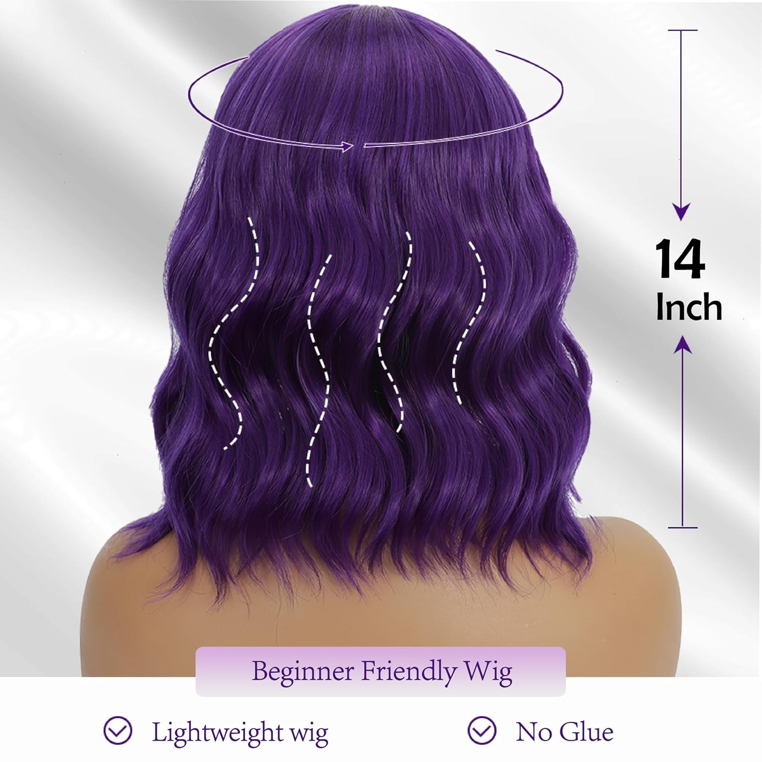 Dark Purple Wigs with Bangs for Women 14 Inch Short Wavy Bob Wigs Synthetic Bob