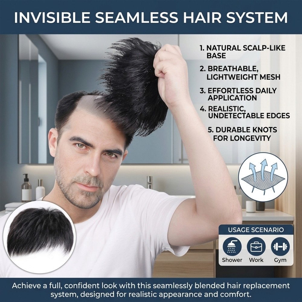 Men’s Hair Topper Invisible Breathable Mesh Hairpiece Natural Black 2 Pieces