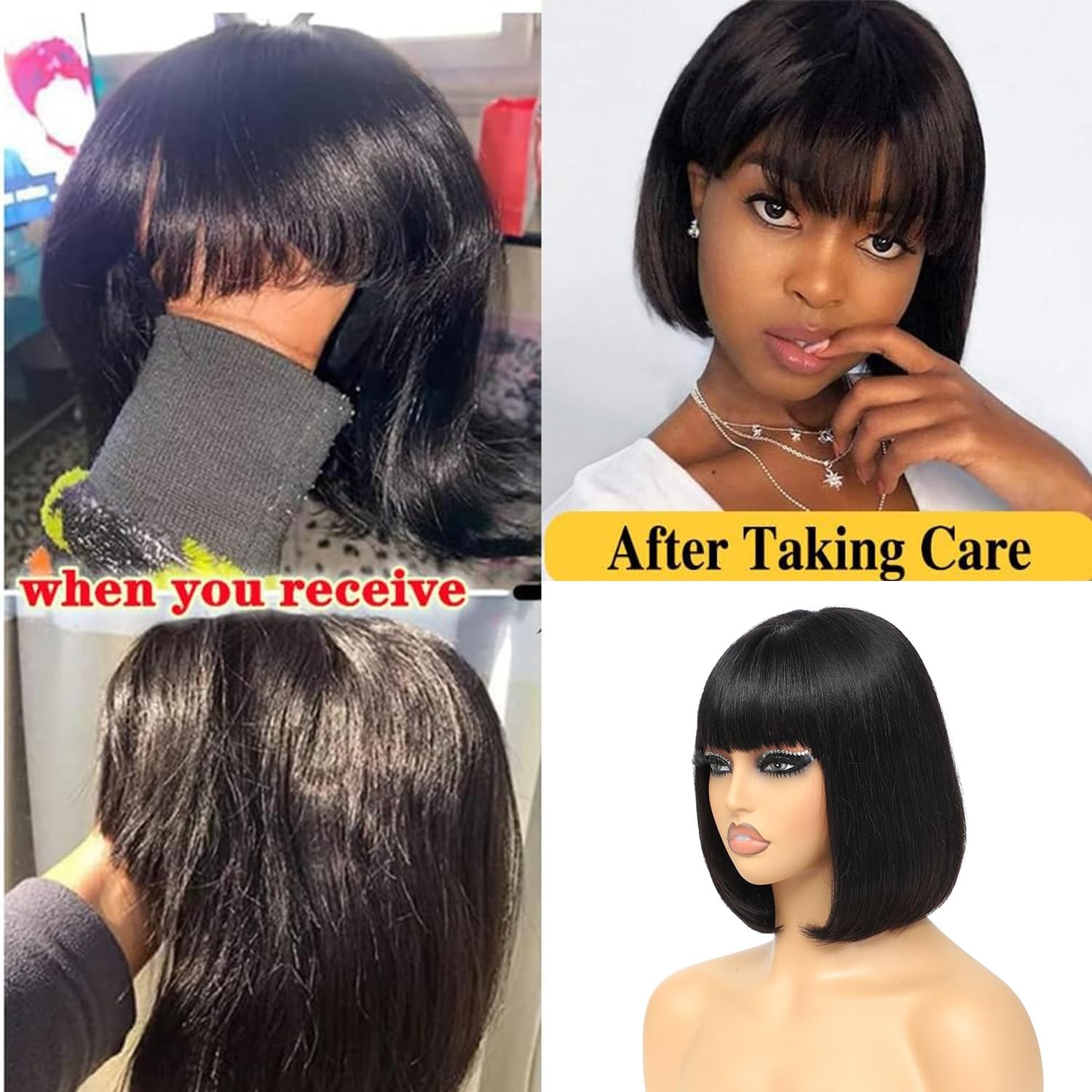 Indian Bob Straight Human Hair Wigs With Bangs 2×1 Lace WigsGlueless for Women