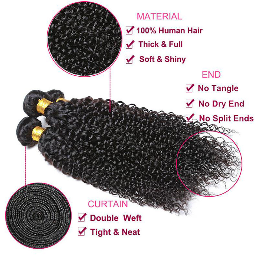 100% Human Hair Black color 1B Jerry Curl 3 Bundles with Closure