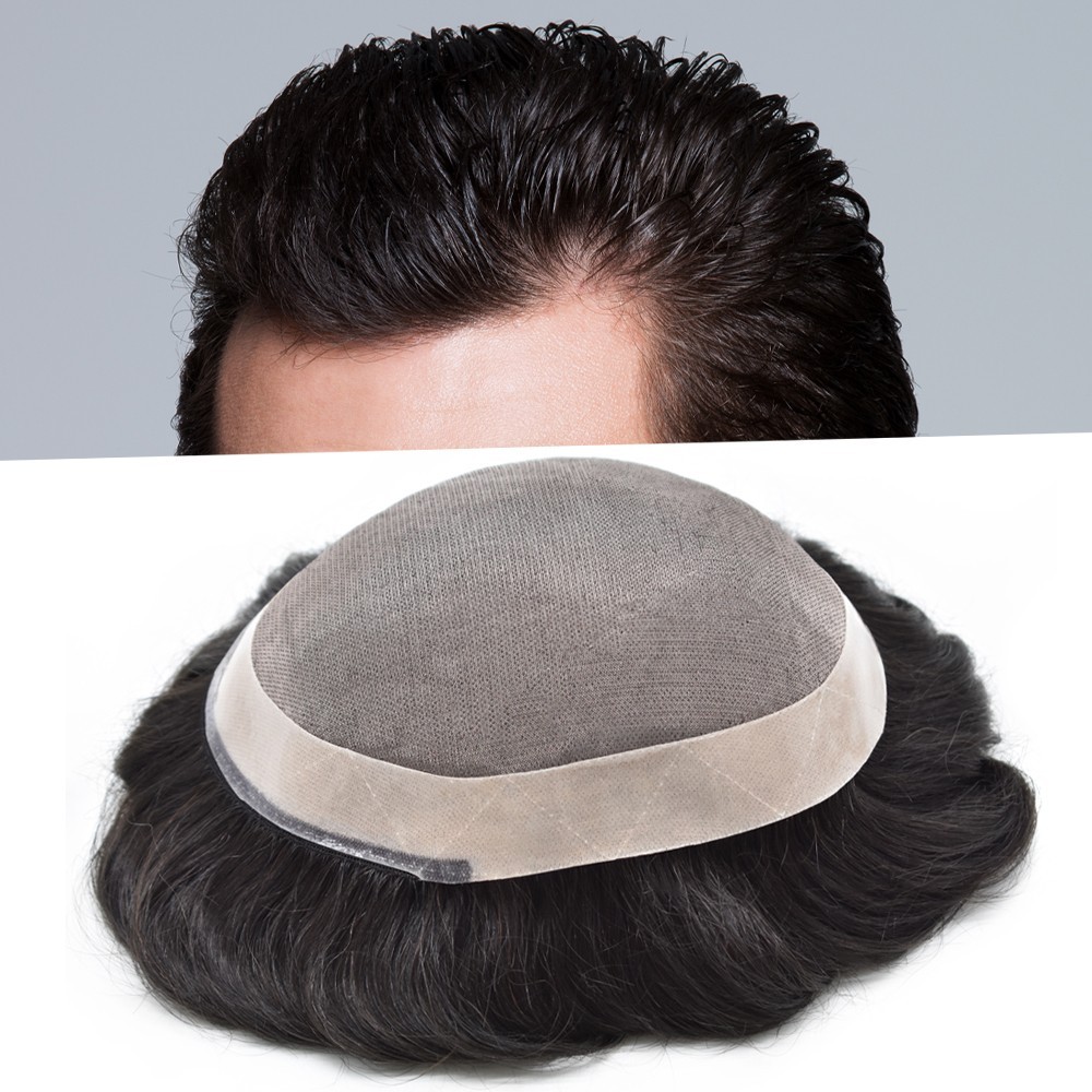 Fine Mono Mens Toupee Human Hair Replacement System Medium-Heavy Black Hair Unit