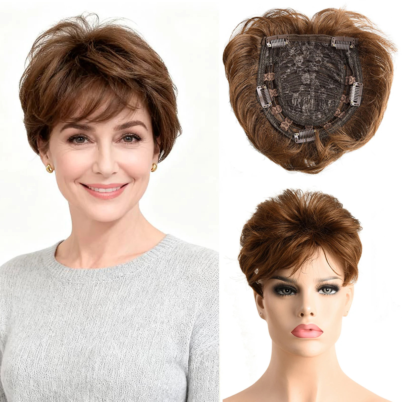 6 Inch Natural Curly Short Pixie Synthetic Hair Topper for Thinning Hair Pieces