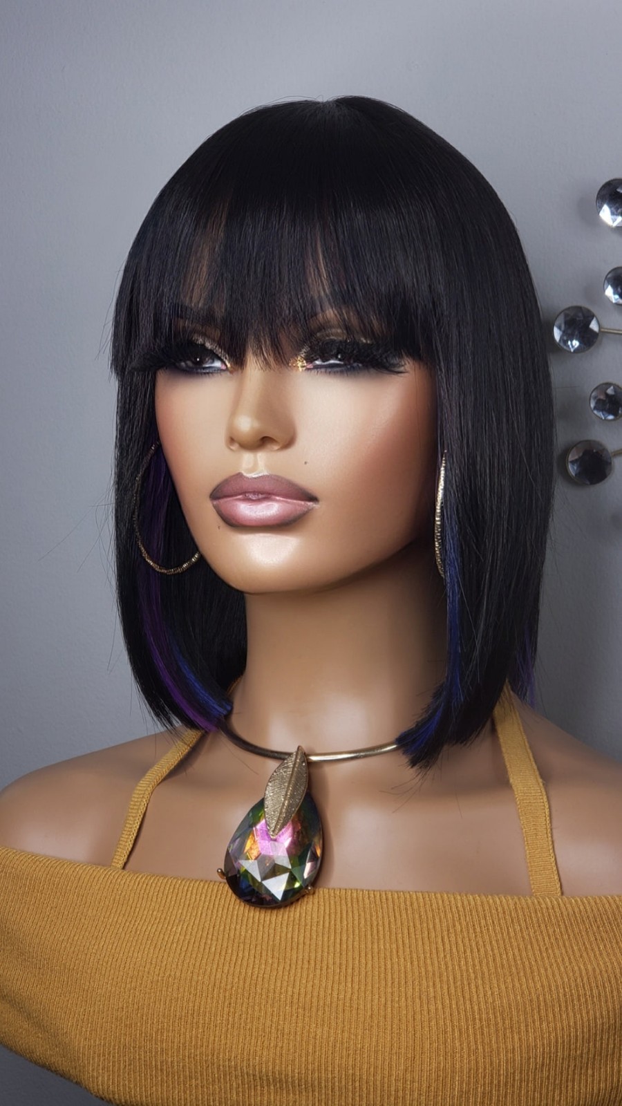 New Short Human Hair Blend Straight Bob Wrap Full Cap Wig Black Blue Purple Wig