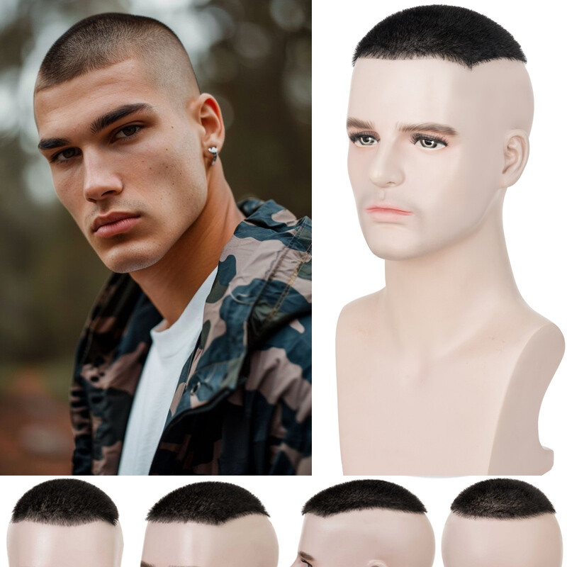 Mens Human Hair Toupee Hairpiece Replacement System Thin PU Skin Short Buzz Cut