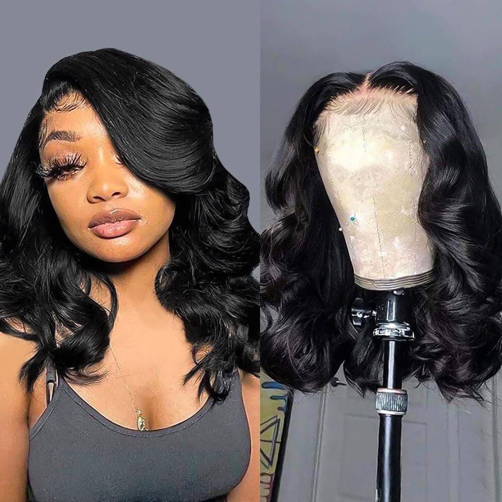 14″ Lace Front Bob Wig Black Natural Hair Body Wave Women Pre Plucked Wigs USA