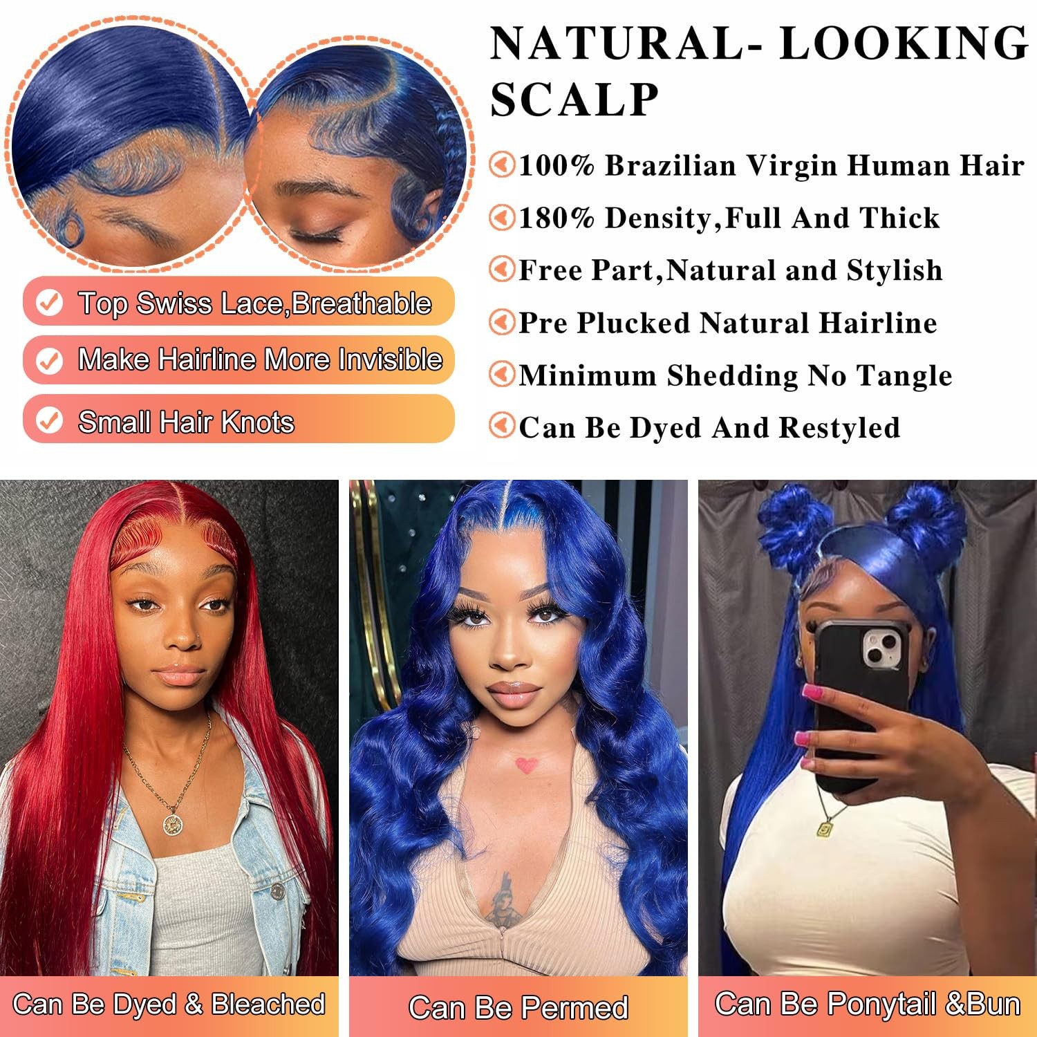 Amzhair 13X6 Blue Lace Front Wig Human Hair Straight Hd Transparent Navy Blue