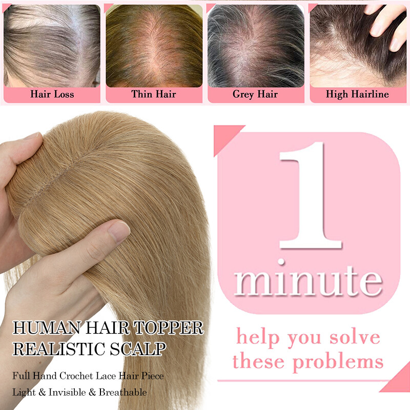100% Remy Human Hair Extensions Clip In Silk Base Hairpiece Topper Free Part