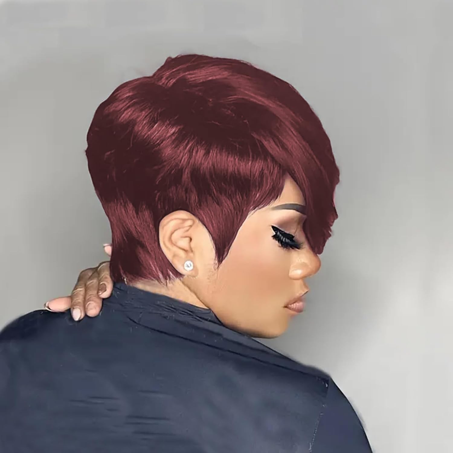 Pixie Cut Wig Human Hair Burgundy Short Layered No Lace for Daily Use