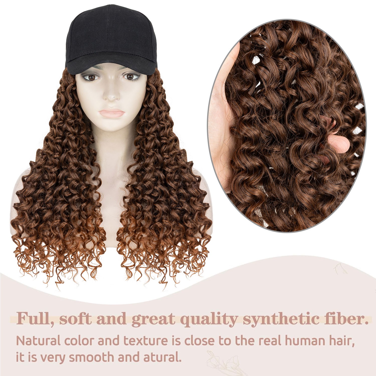 25In Women Black Baseball Cap with Hair Hat Wig Long Curly Deep Wave Hair Wig US