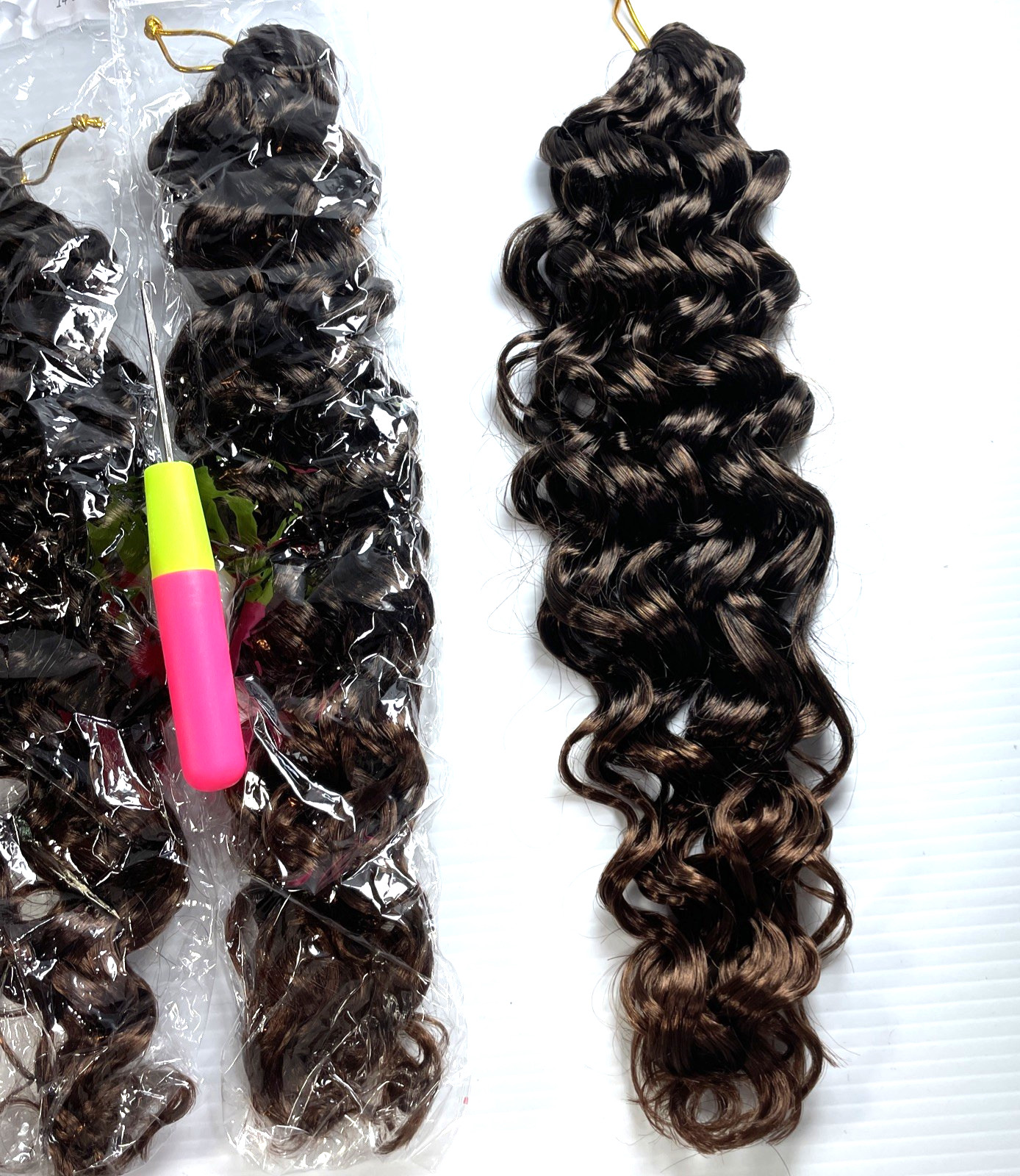 14 inch 6 pack curly crochet hair beach curl water wave Ombre Brown + Hoop