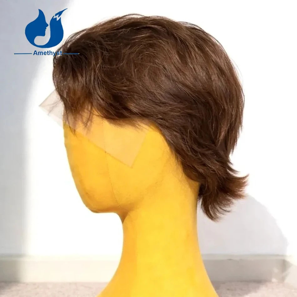 Warm Brown 13×6 Lace Front Human Hair Wig for Men Short Cut #3 Color Male Wig