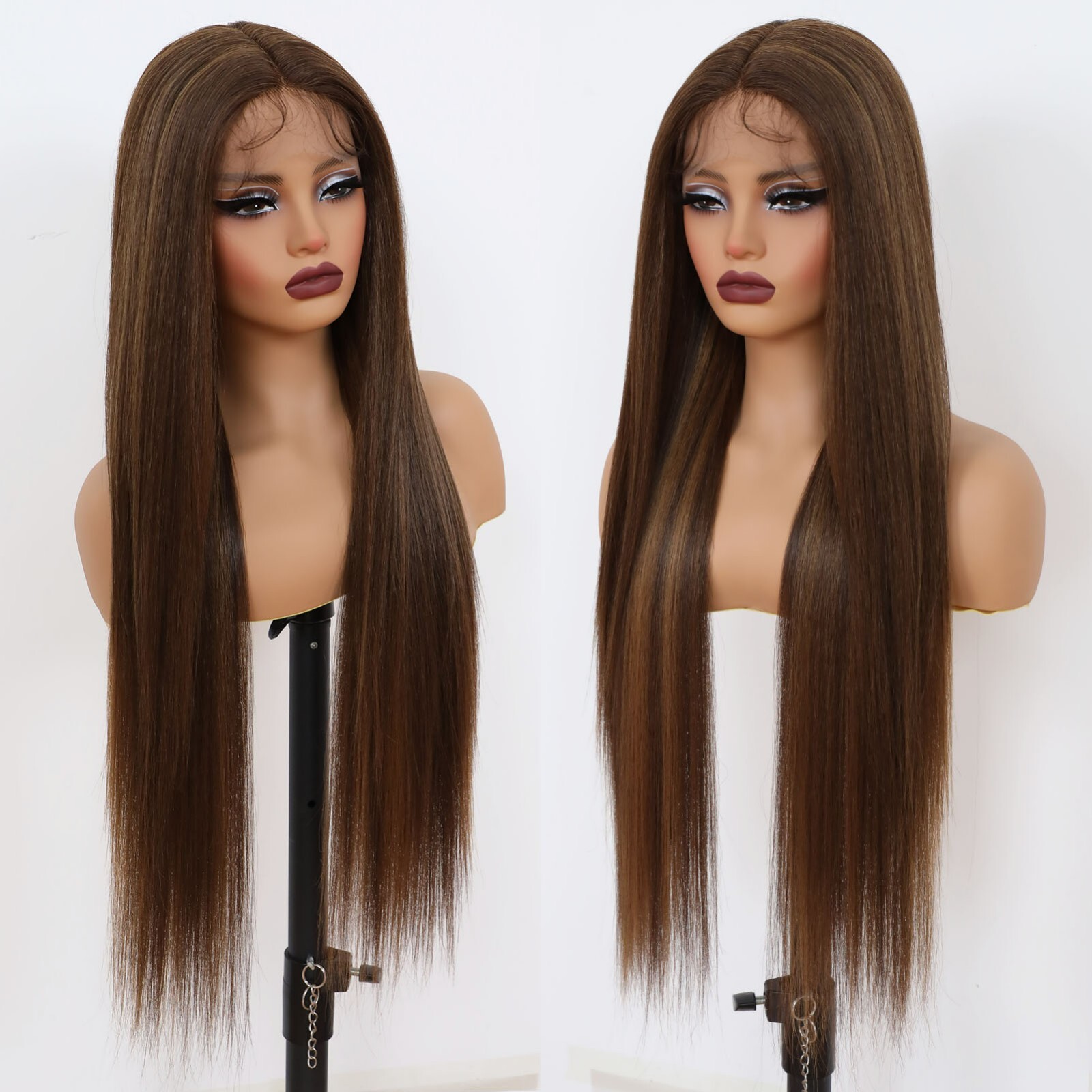 Synthetic Lace Front Wigs 32 Inch Long Straight Brown Blonde Highlights Women