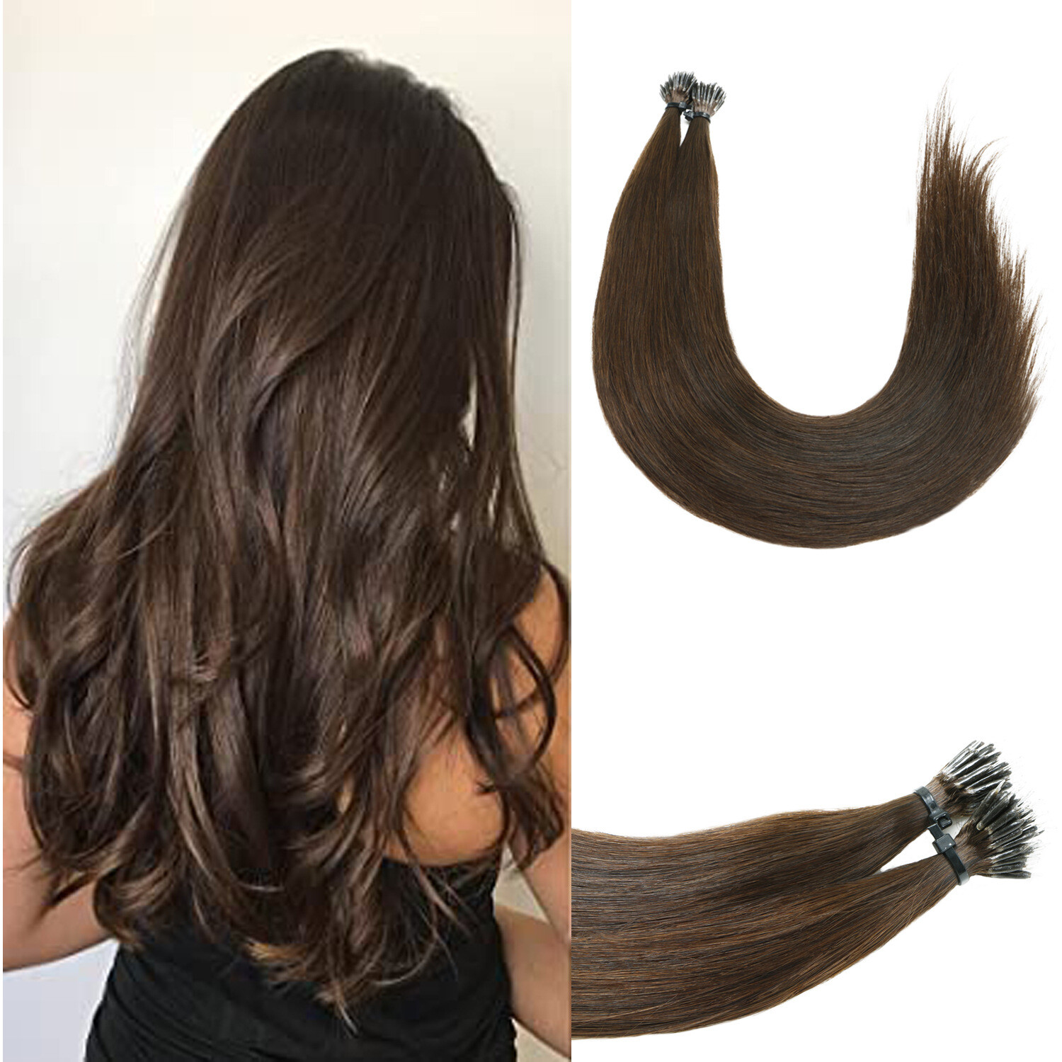 10Pcs Nano Ring String Remy 100% Human Hair Extension Loop Micro Dark Colour