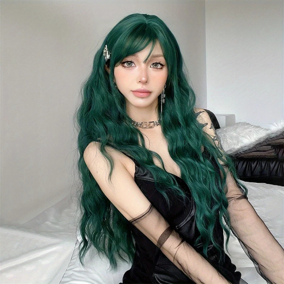 Emerald Green Long Wavy Wig w/Bangs Gothic Punk Cosplay Daily Fashion Statement