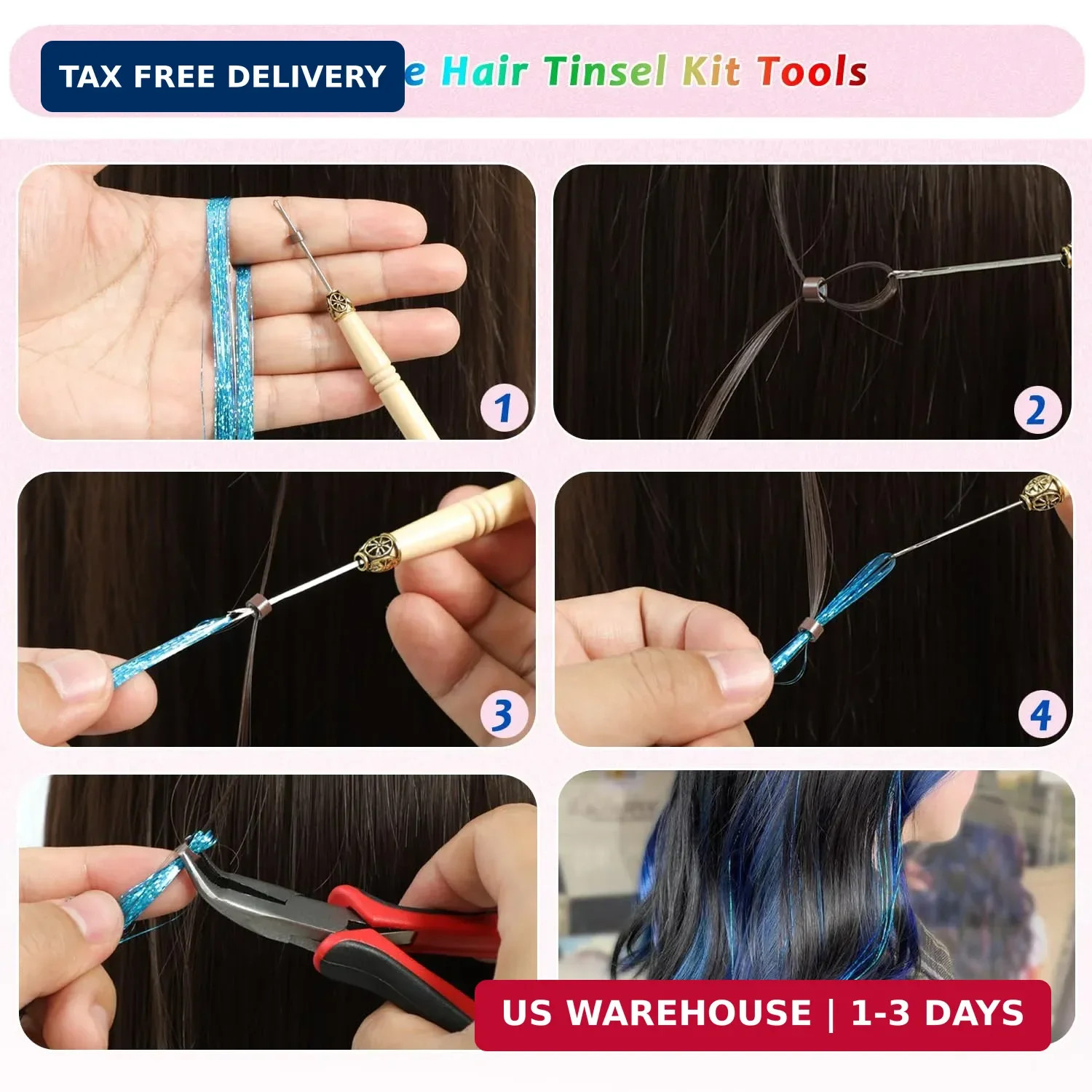 Hair Tinsel, 24 Colors 9800 Strands Hair Tinsel Kit with Tools 48 Inch Glitter T