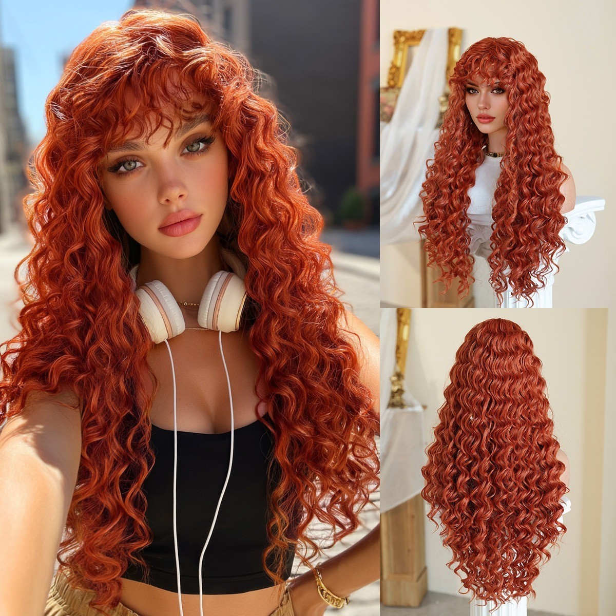 Black spring coil wig with deep wavy long hair for black people with air bangs