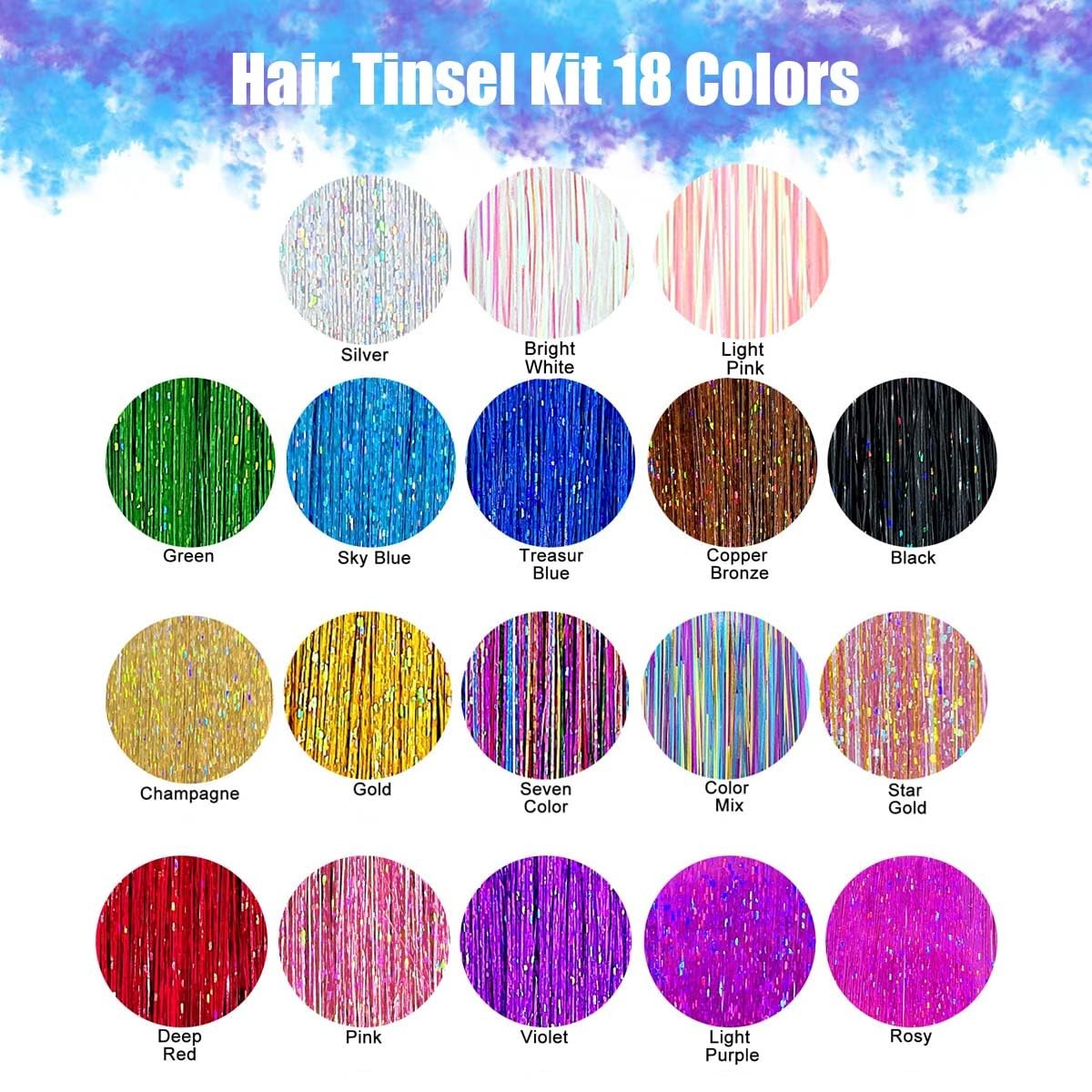 Hair Tinsel Kit, 18 Colors 48 Inches, Fairy 18 colors kit