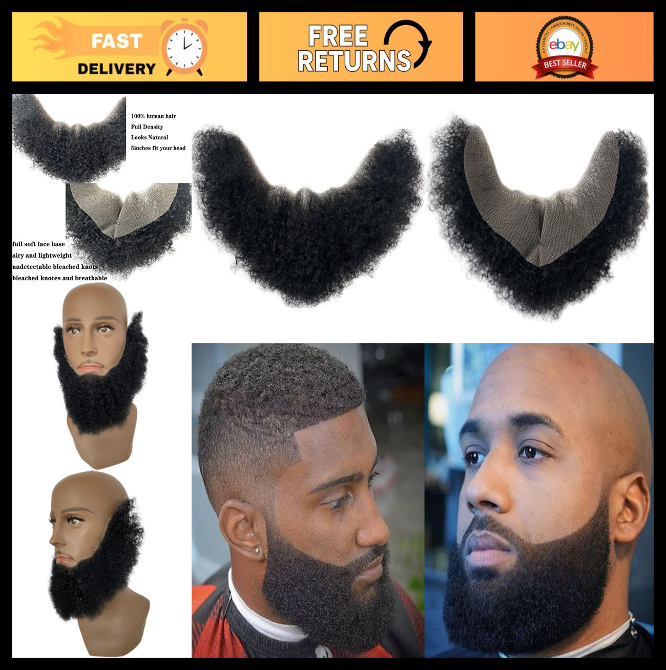 Realistic Human Hair Afro Curl Beard & Mustache System for Black Men – 12×3 Inch