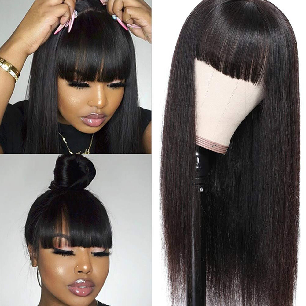 Women Full Neat Bangs Synthetic No Lace Wig Long Straight Heat Resistant Natural