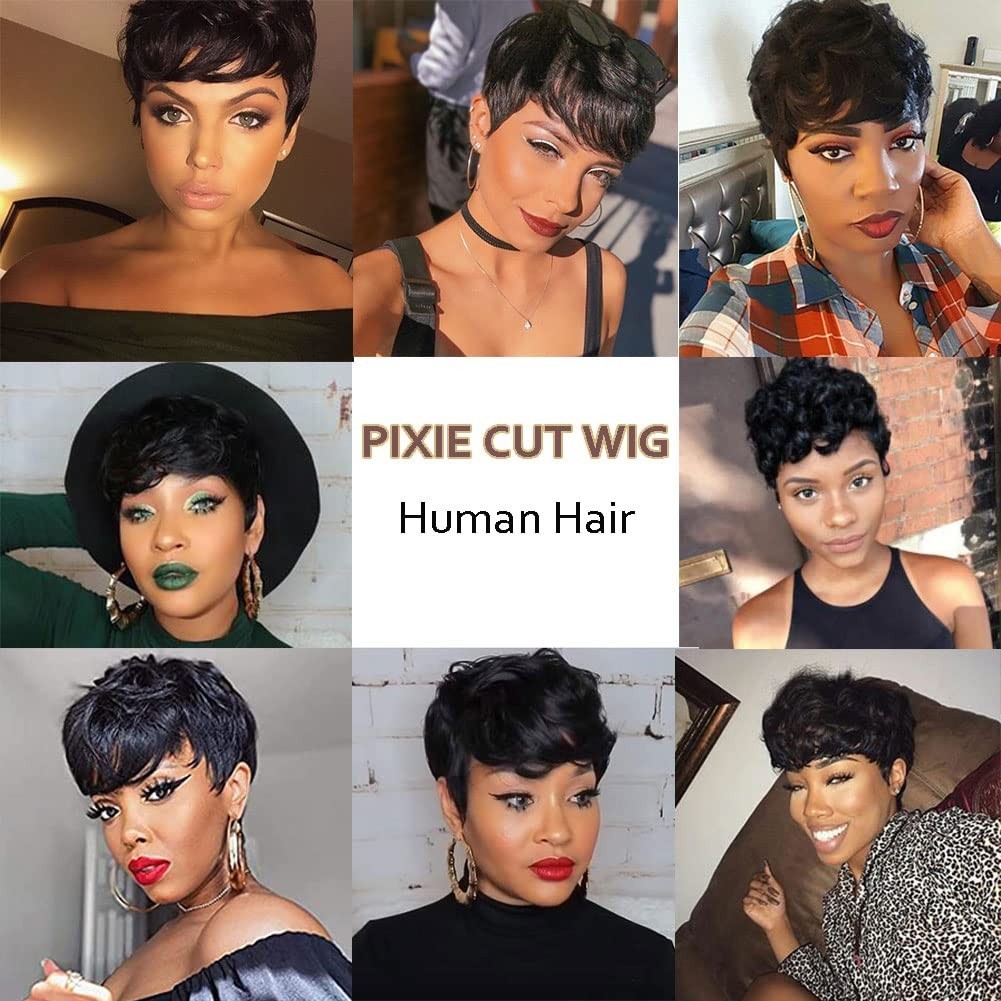 Natural Human Hair Black Pixie Cut Wig with Bangs