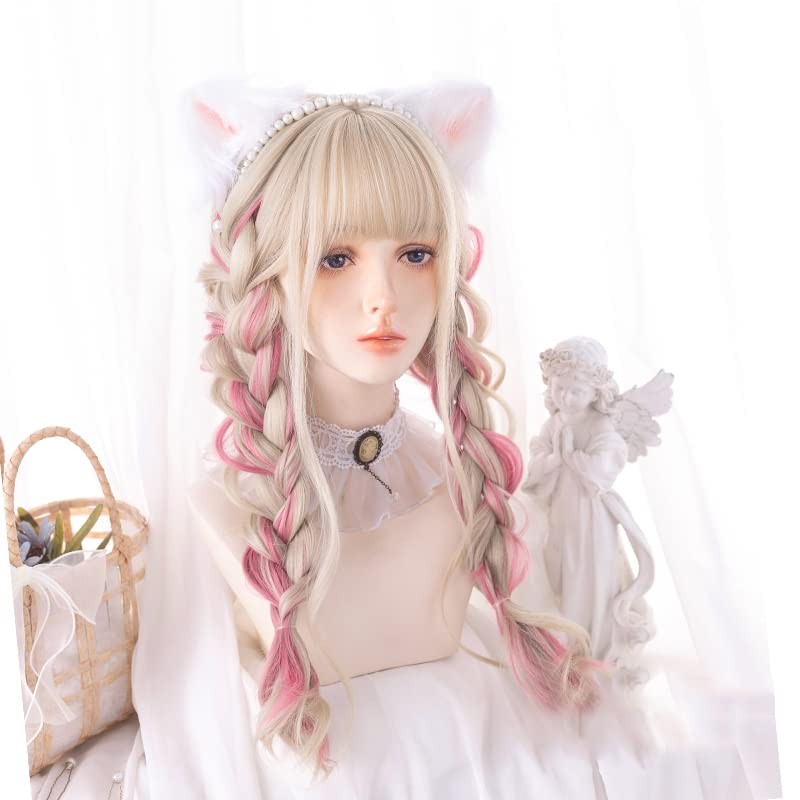 Gold Ear-dyeing Pink Lolita Wig Japanese Harajuku Cute Daily Long Curls Hair …
