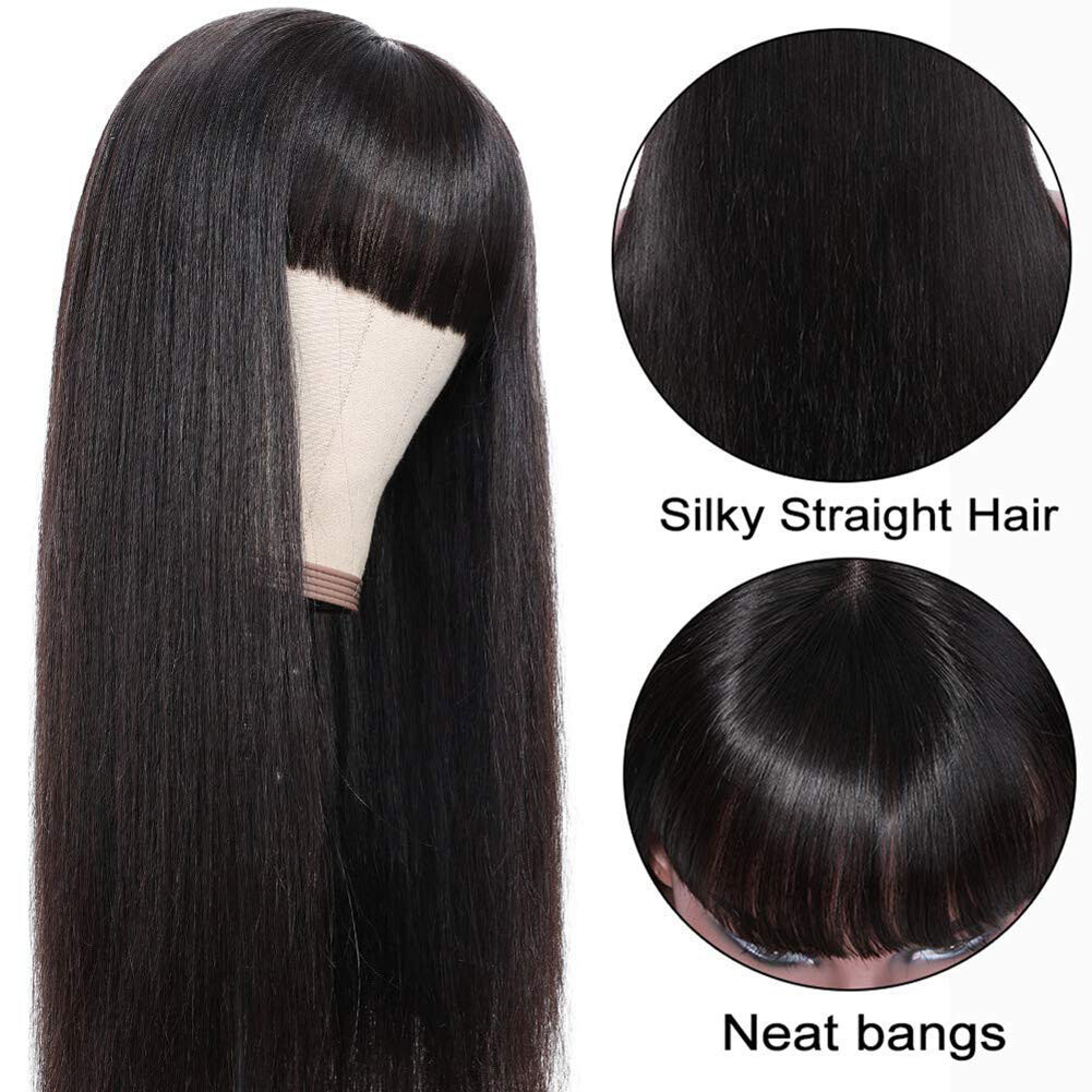 Women Full Neat Bangs Synthetic No Lace Wig Long Straight Heat Resistant Natural