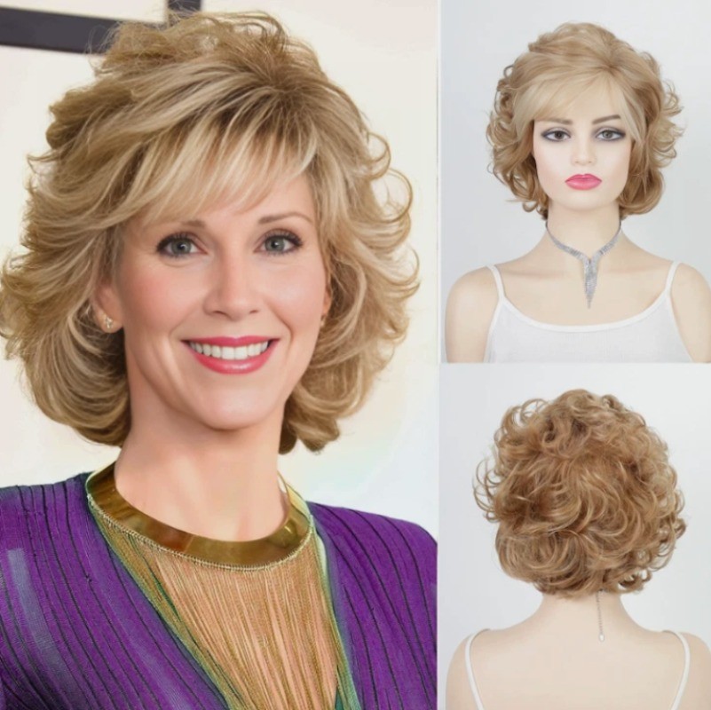 Short Fluffy Curly Wavy Blonde Mix Synthetic Hair Wigs Women Soft Natural Daily
