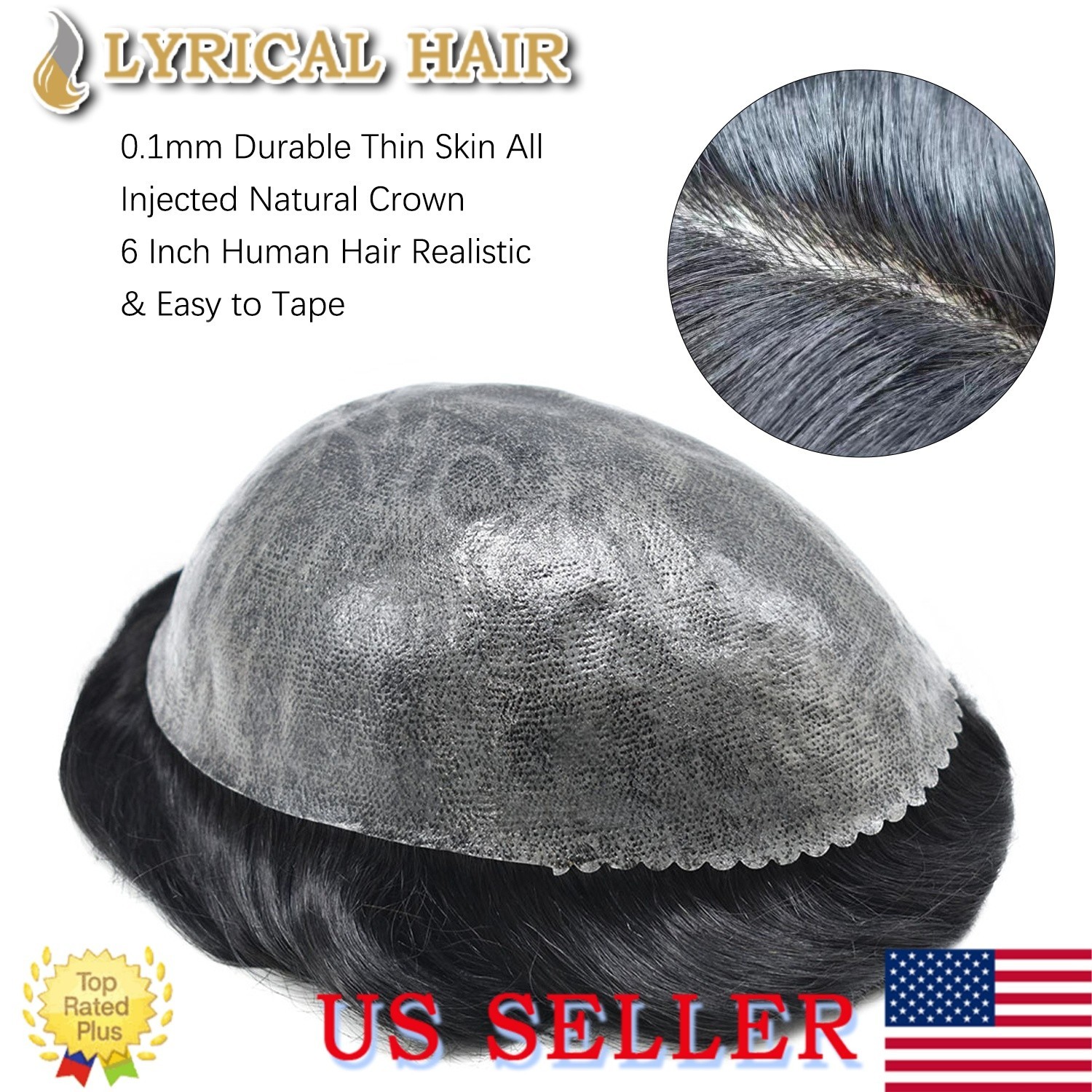 US Full PU Mens Toupee Human Hair Replacement System Durable Thin Skin Hairpiece