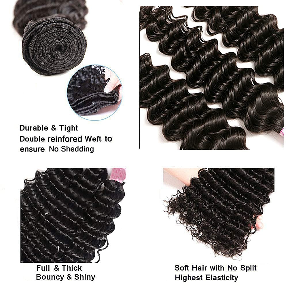 Human Hair Bundles #1B Natural Color Deep Wave Bundles 12 14 16 Inch Unproces…