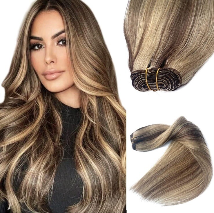 Sew in Hair Extensions Real Human Hair 22 Inch 120G #4/18/24 Balayage Brown Mix
