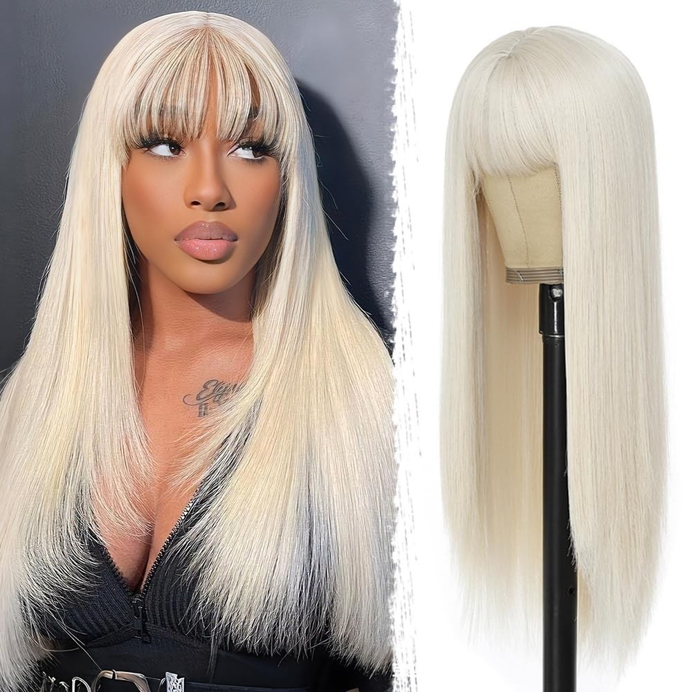 Platinum Blonde Wigs for Women 24 Inch Long Straight Wig with Bangs Synthetic…