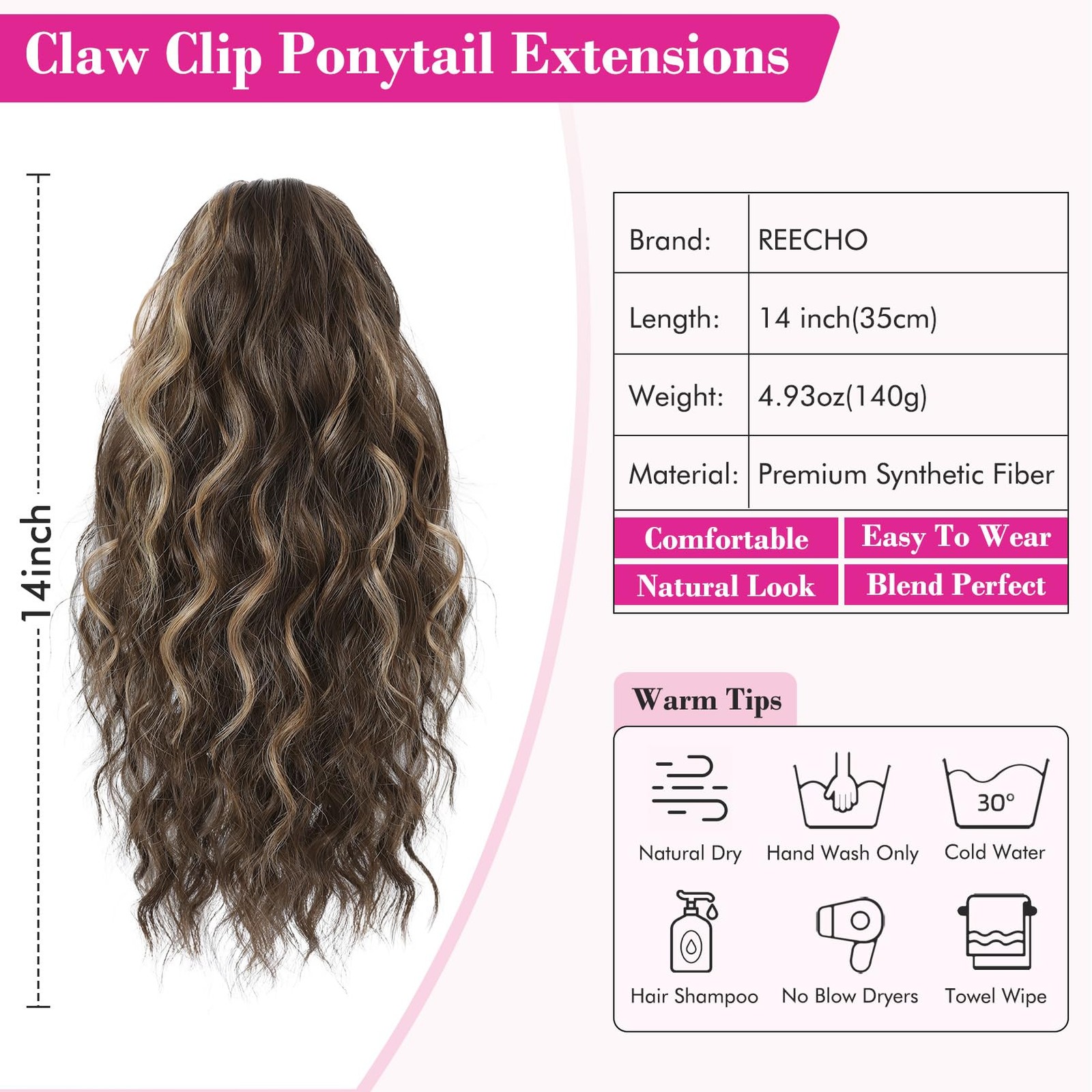 Ponytail Extension 14″ Chocolate Brown 140g Synthetic Hair – Claw Clip