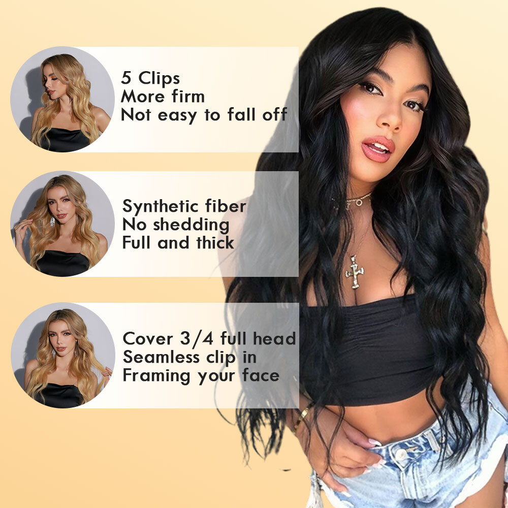 100% Natural Synthetic Hair Long Full Head Clip in on Hair Extensions Thick 145g