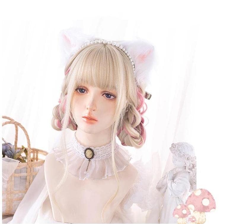 Gold Ear-dyeing Pink Lolita Wig Japanese Harajuku Cute Daily Long Curls Hair …